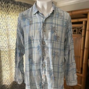 Tommy Bahama Relax linen long sleeve men’s button down. Blue Hawaiian print.